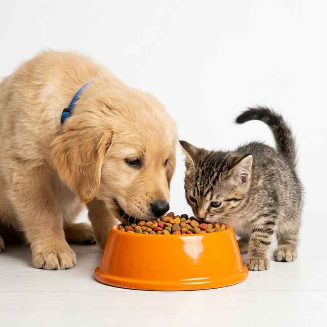 Pets eating happily